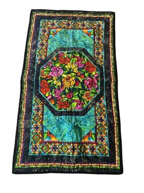 Stained Glass-Inspired Floral Handmade Quilted Throw Blanket 40x23" Reversible